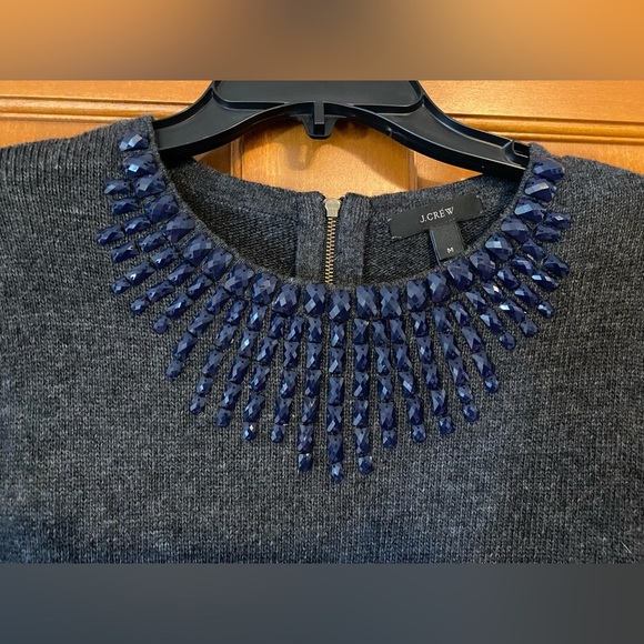 J. Crew Jeweled Beaded Gray Wool Blend Sweater Zipper 3/4 Sleeve Blue Medium - Picture 2 of 8